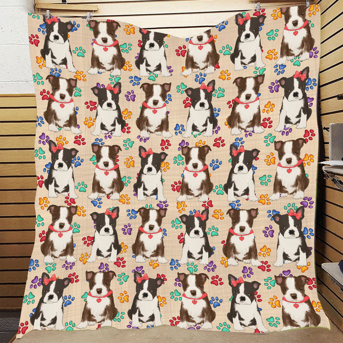 Rainbow Paw Print Boston Terrier Dogs Red Quilt