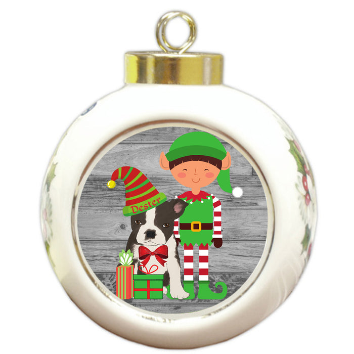 Custom Personalized Boston Terrier Dog Elfie and Presents Christmas Round Ball Ornament