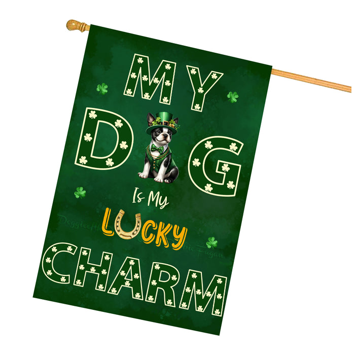 St. Patrick's Day Boston Terrier Irish Dog House Flags with Lucky Charm Design - Double Sided Yard Home Festival Decorative Gift - Holiday Dogs Flag Decor - 28"w x 40"h