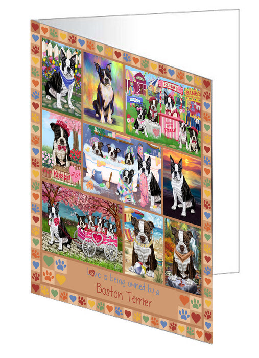 Love is Being Owned Boston Terrier Dog Beige Handmade Artwork Assorted Pets Greeting Cards and Note Cards with Envelopes for All Occasions and Holiday Seasons GCD77234