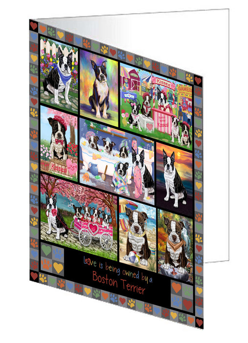 Love is Being Owned Boston Terrier Dog Grey Handmade Artwork Assorted Pets Greeting Cards and Note Cards with Envelopes for All Occasions and Holiday Seasons GCD77237