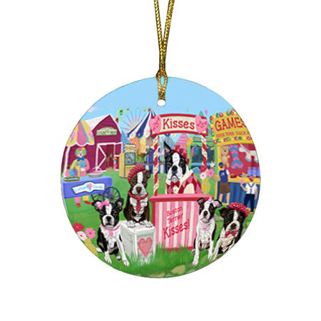 Carnival Kissing Booth Boston Terriers Dog Round Flat Christmas Ornament RFPOR56254