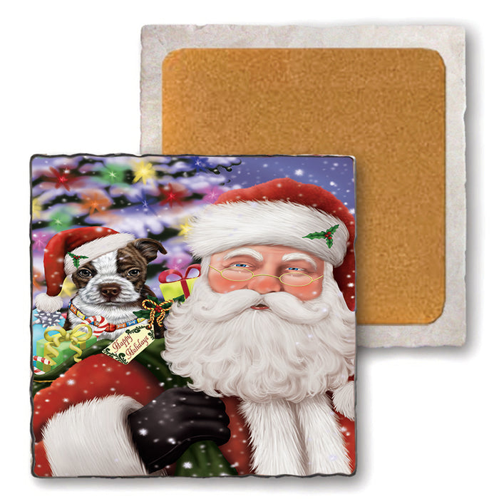 Santa Carrying Boston Terrier Dog and Christmas Presents Set of 4 Natural Stone Marble Tile Coasters MCST48964