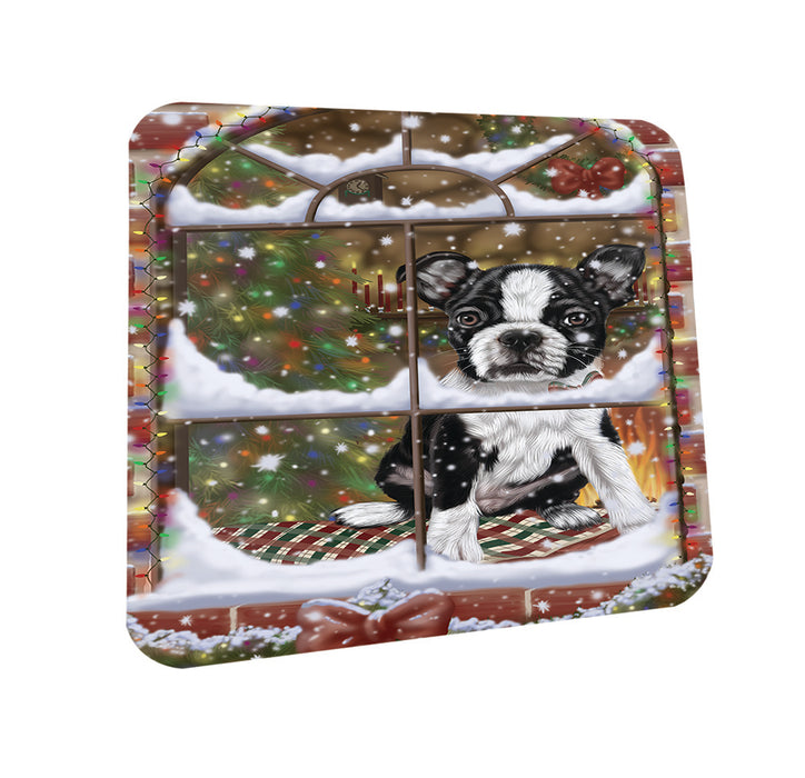 Please Come Home For Christmas Boston Terrier Dog Sitting In Window Coasters Set of 4 CST53896