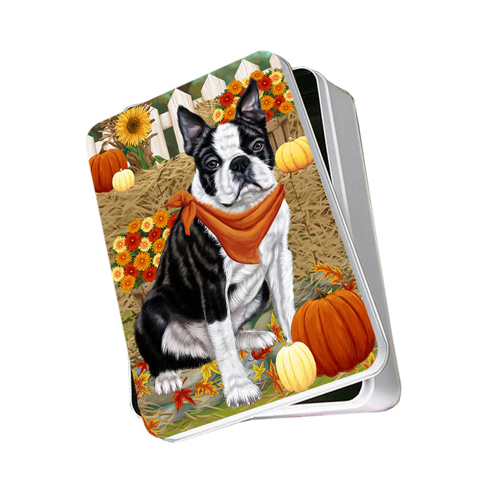 Fall Autumn Greeting Boston Terrier Dog with Pumpkins Photo Storage Tin PITN50696