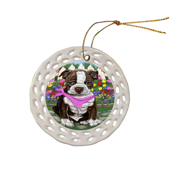 Spring Floral Boston Terrier Dog Ceramic Doily Ornament DPOR49804