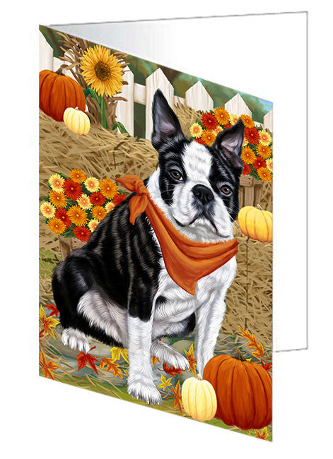 Fall Autumn Greeting Boston Terrier Dog with Pumpkins Handmade Artwork Assorted Pets Greeting Cards and Note Cards with Envelopes for All Occasions and Holiday Seasons GCD56117