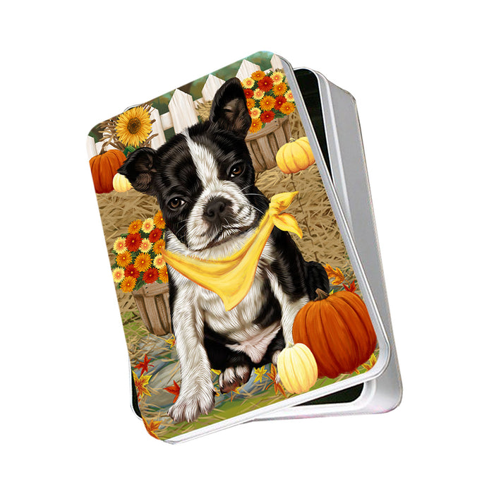 Fall Autumn Greeting Boston Terrier Dog with Pumpkins Photo Storage Tin PITN50697