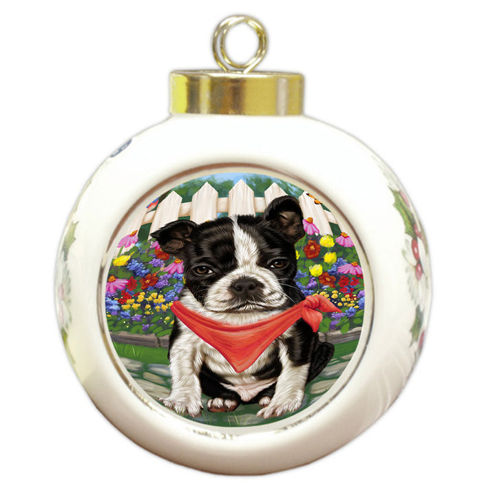 Spring Dog House Boston Terriers Dog Round Ball Christmas Ornament RBPOR49805