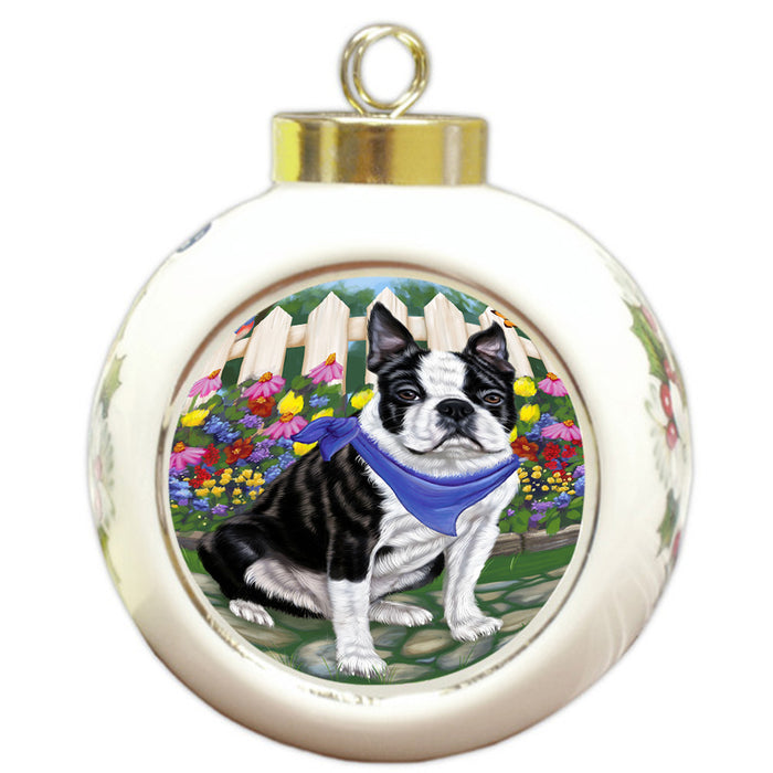 Spring Floral Boston Terrier Dog Round Ball Christmas Ornament RBPOR49806