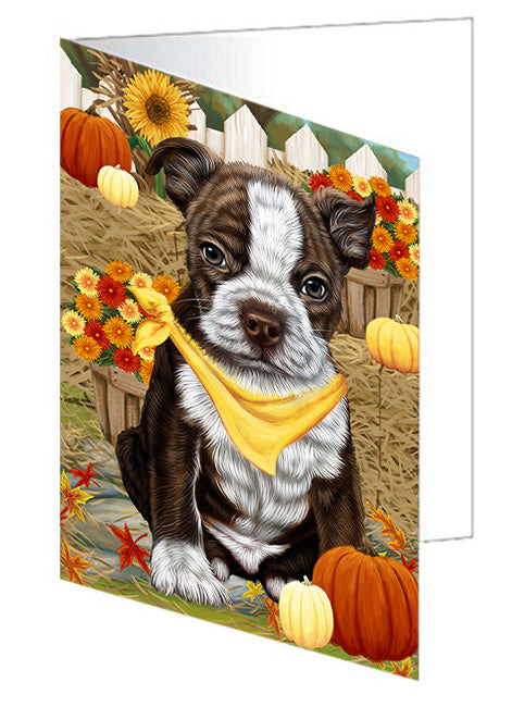 Fall Autumn Greeting Boston Terrier Dog with Pumpkins Handmade Artwork Assorted Pets Greeting Cards and Note Cards with Envelopes for All Occasions and Holiday Seasons GCD56123