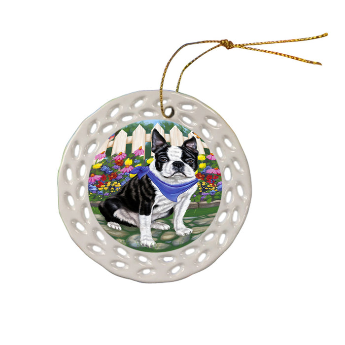 Spring Floral Boston Terrier Dog Ceramic Doily Ornament DPOR49806