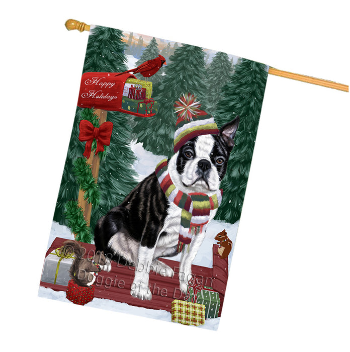 Merry Christmas Woodland Sled Boston Terrier Dog House Flag FLG55294