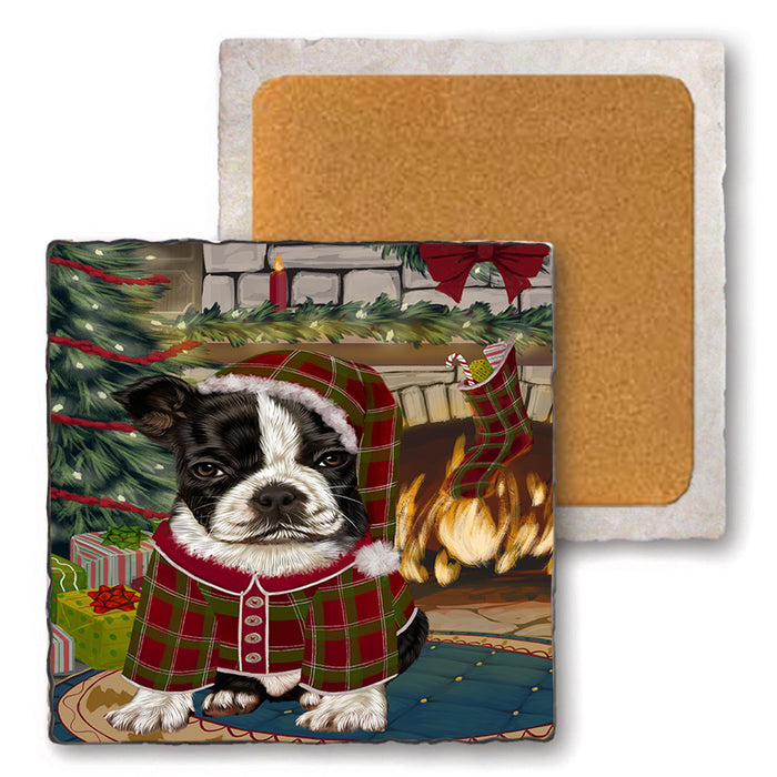 The Stocking was Hung Boston Terrier Dog Set of 4 Natural Stone Marble Tile Coasters MCST50236