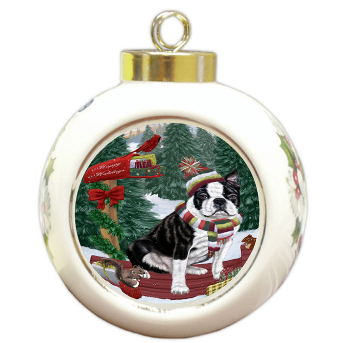Merry Christmas Woodland Sled Boston Terrier Dog Round Ball Christmas Ornament RBPOR55221