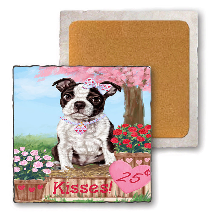 Rosie 25 Cent Kisses Boston Terrier Dog Set of 4 Natural Stone Marble Tile Coasters MCST50945