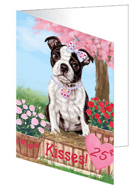 Rosie 25 Cent Kisses Boston Terrier Dog Handmade Artwork Assorted Pets Greeting Cards and Note Cards with Envelopes for All Occasions and Holiday Seasons GCD72350