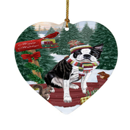 Merry Christmas Woodland Sled Boston Terrier Dog Heart Christmas Ornament HPOR55221