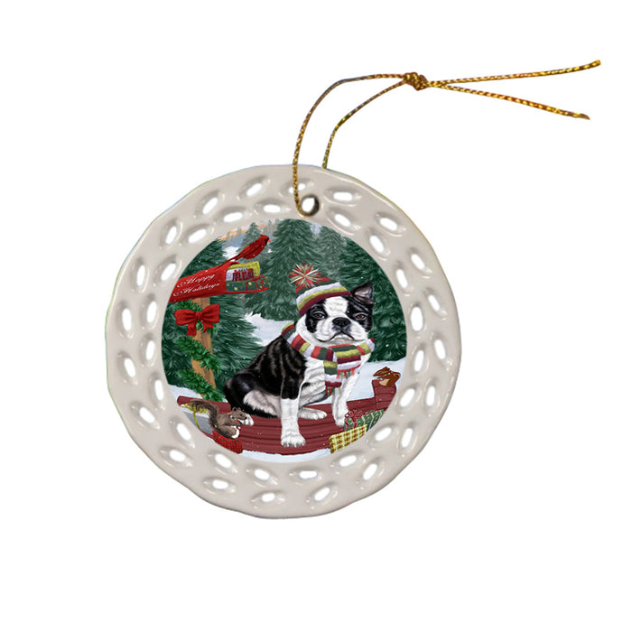 Merry Christmas Woodland Sled Boston Terrier Dog Ceramic Doily Ornament DPOR55221