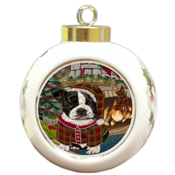 The Stocking was Hung Boston Terrier Dog Round Ball Christmas Ornament RBPOR55592