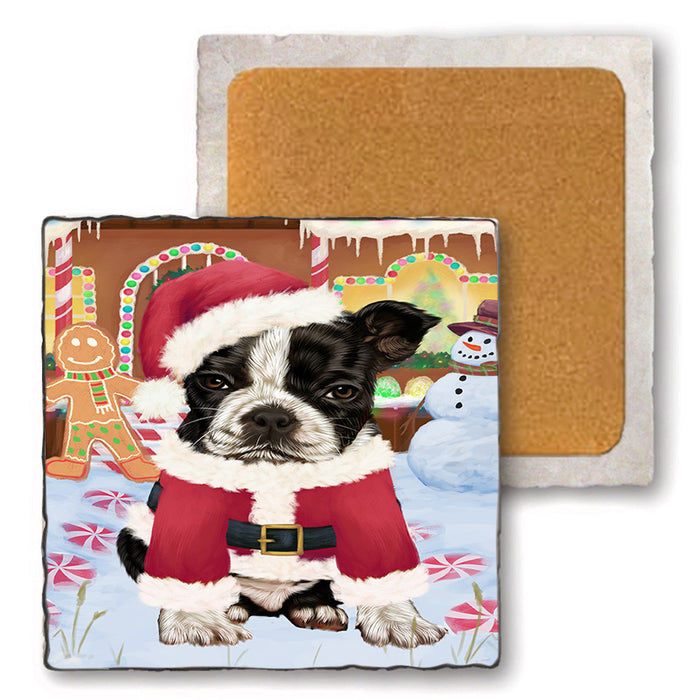 Christmas Gingerbread House Candyfest Boston Terrier Dog Set of 4 Natural Stone Marble Tile Coasters MCST51206