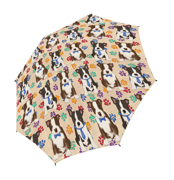 Rainbow Paw Print Boston Terrier Dogs Blue Semi-Automatic Foldable Umbrella