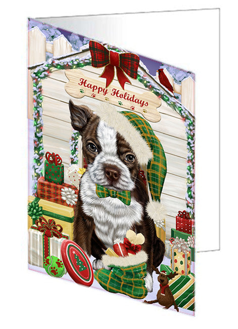 Happy Holidays Christmas Boston Terrier Dog House with Presents Handmade Artwork Assorted Pets Greeting Cards and Note Cards with Envelopes for All Occasions and Holiday Seasons GCD58085