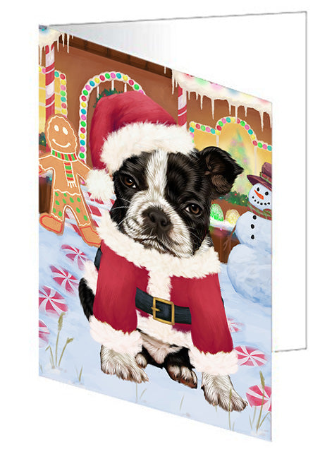 Christmas Gingerbread House Candyfest Boston Terrier Dog Handmade Artwork Assorted Pets Greeting Cards and Note Cards with Envelopes for All Occasions and Holiday Seasons GCD73133