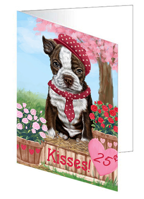 Rosie 25 Cent Kisses Boston Terrier Dog Handmade Artwork Assorted Pets Greeting Cards and Note Cards with Envelopes for All Occasions and Holiday Seasons GCD72353