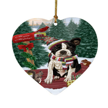 Merry Christmas Woodland Sled Boston Terrier Dog Heart Christmas Ornament HPOR55222