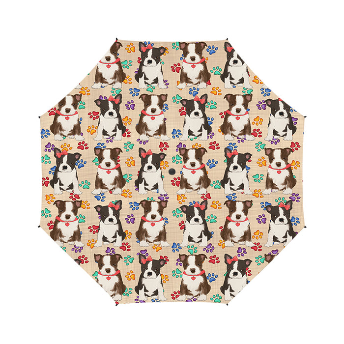 Rainbow Paw Print Boston Terrier Dogs Red Semi-Automatic Foldable Umbrella