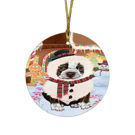 Christmas Gingerbread House Candyfest Boston Terrier Dog Round Flat Christmas Ornament RFPOR56563