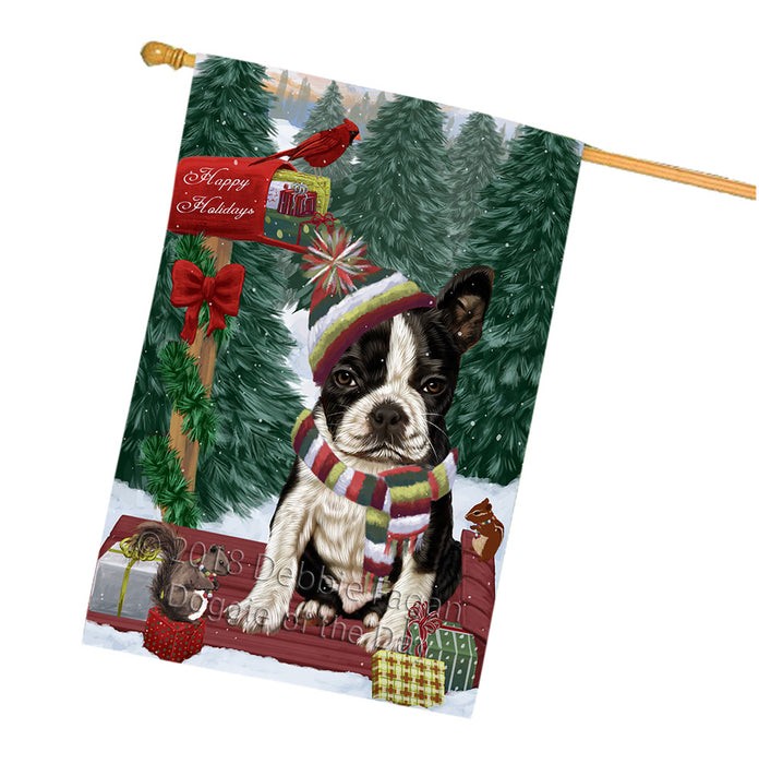 Merry Christmas Woodland Sled Boston Terrier Dog House Flag FLG55295