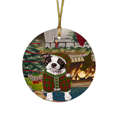The Stocking was Hung Boston Terrier Dog Round Flat Christmas Ornament RFPOR55593