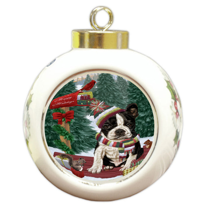 Merry Christmas Woodland Sled Boston Terrier Dog Round Ball Christmas Ornament RBPOR55222