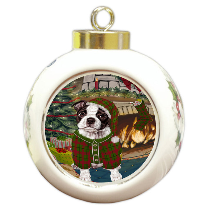 The Stocking was Hung Boston Terrier Dog Round Ball Christmas Ornament RBPOR55593