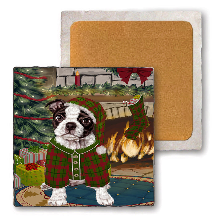 The Stocking was Hung Boston Terrier Dog Set of 4 Natural Stone Marble Tile Coasters MCST50237