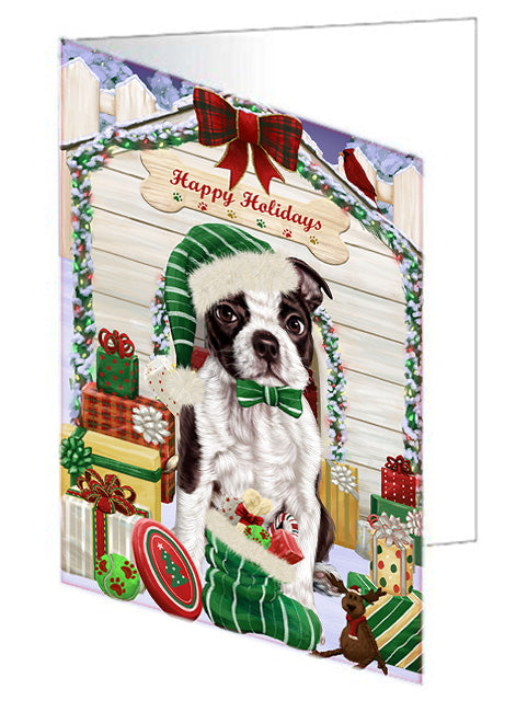 Happy Holidays Christmas Boston Terrier Dog House with Presents Handmade Artwork Assorted Pets Greeting Cards and Note Cards with Envelopes for All Occasions and Holiday Seasons GCD58088