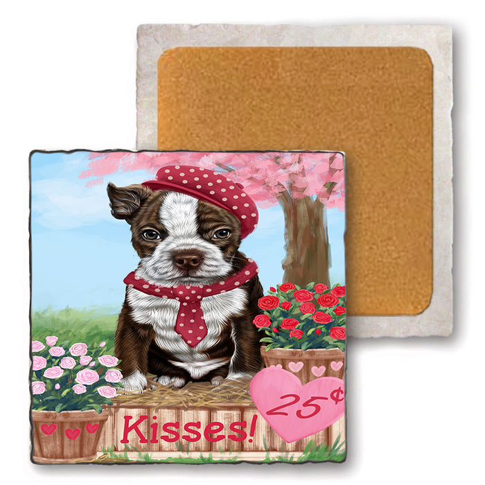 Rosie 25 Cent Kisses Boston Terrier Dog Set of 4 Natural Stone Marble Tile Coasters MCST50946