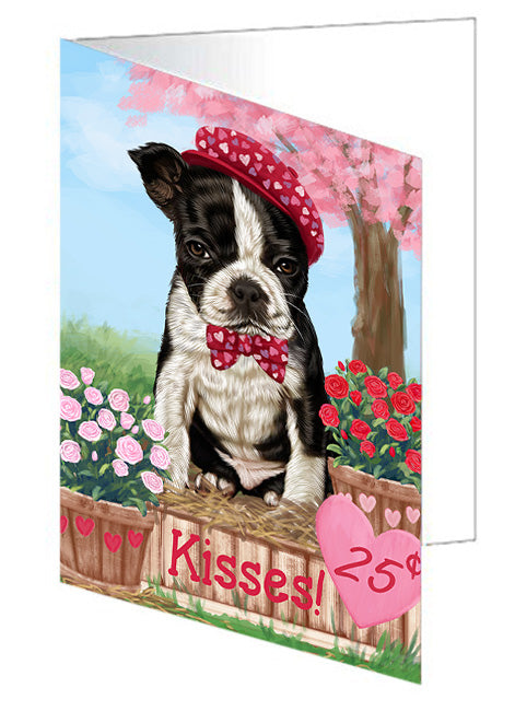 Rosie 25 Cent Kisses Boston Terrier Dog Handmade Artwork Assorted Pets Greeting Cards and Note Cards with Envelopes for All Occasions and Holiday Seasons GCD72356