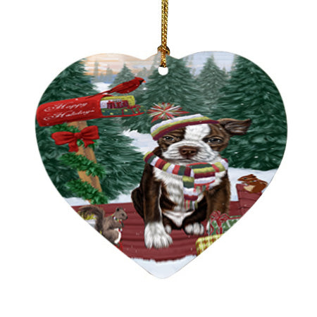 Merry Christmas Woodland Sled Boston Terrier Dog Heart Christmas Ornament HPOR55223