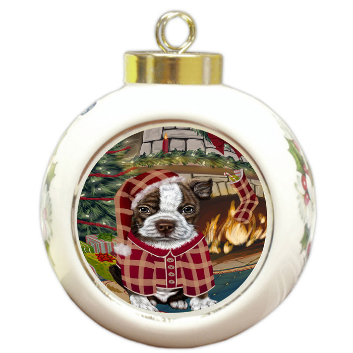 The Stocking was Hung Boston Terrier Dog Round Ball Christmas Ornament RBPOR55594