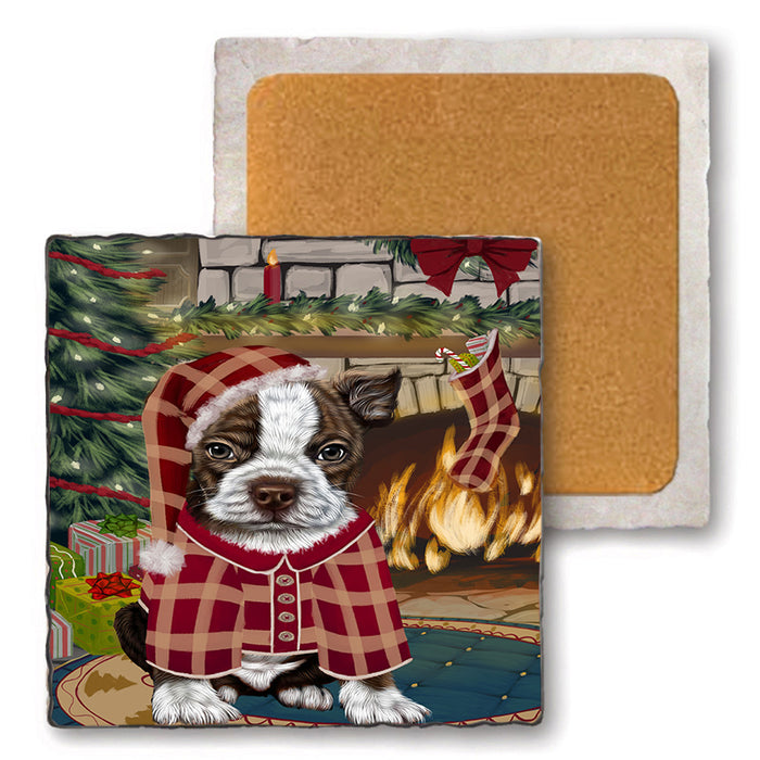 The Stocking was Hung Boston Terrier Dog Set of 4 Natural Stone Marble Tile Coasters MCST50238