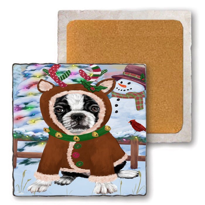 Christmas Gingerbread House Candyfest Boston Terrier Dog Set of 4 Natural Stone Marble Tile Coasters MCST51208