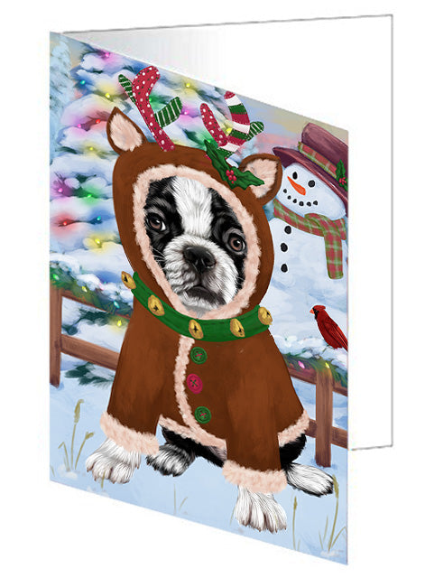 Christmas Gingerbread House Candyfest Boston Terrier Dog Handmade Artwork Assorted Pets Greeting Cards and Note Cards with Envelopes for All Occasions and Holiday Seasons GCD73139