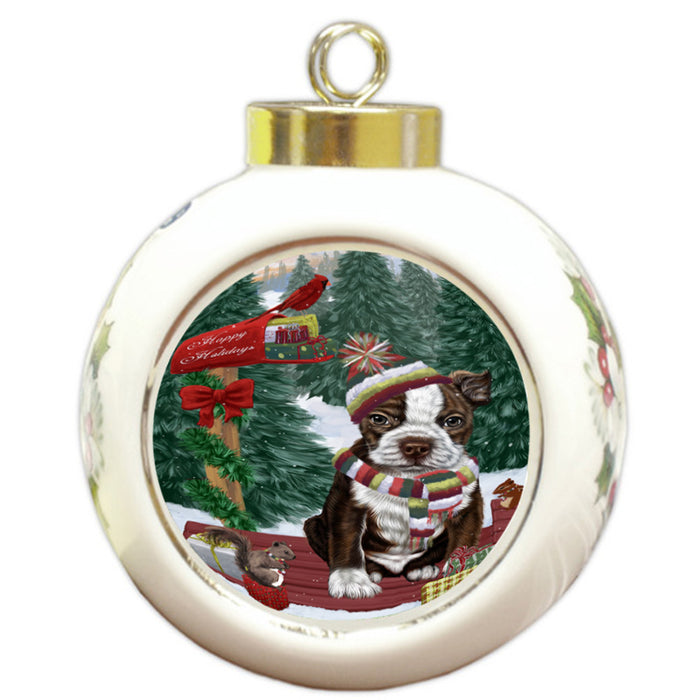 Merry Christmas Woodland Sled Boston Terrier Dog Round Ball Christmas Ornament RBPOR55223