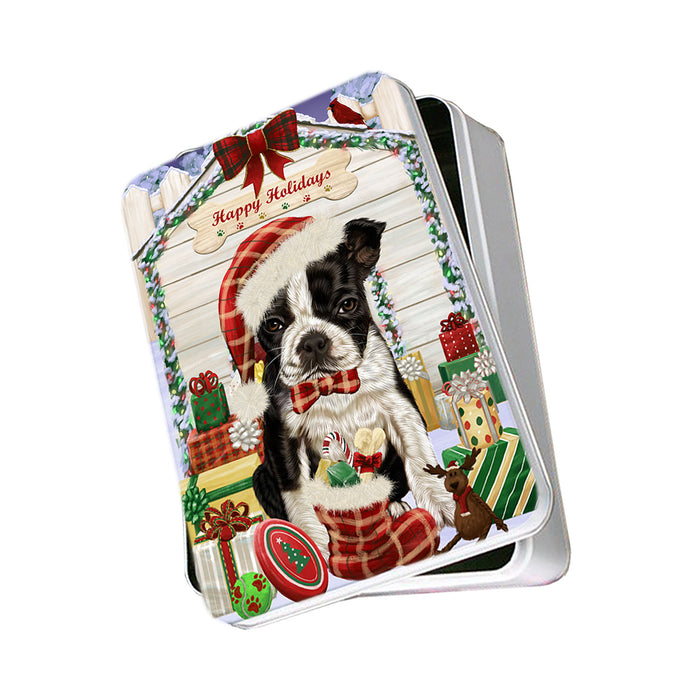 Happy Holidays Christmas Boston Terrier Dog House with Presents Photo Storage Tin PITN51354