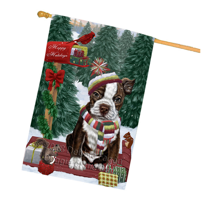 Merry Christmas Woodland Sled Boston Terrier Dog House Flag FLG55296