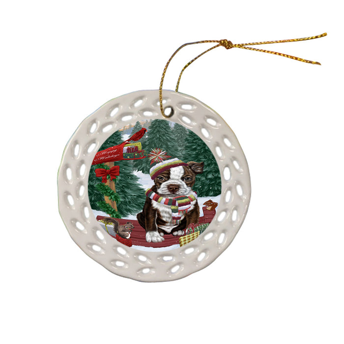 Merry Christmas Woodland Sled Boston Terrier Dog Ceramic Doily Ornament DPOR55223