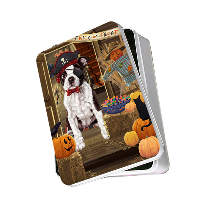 Enter at Own Risk Trick or Treat Halloween Boston Terrier Dog Photo Storage Tin PITN53036